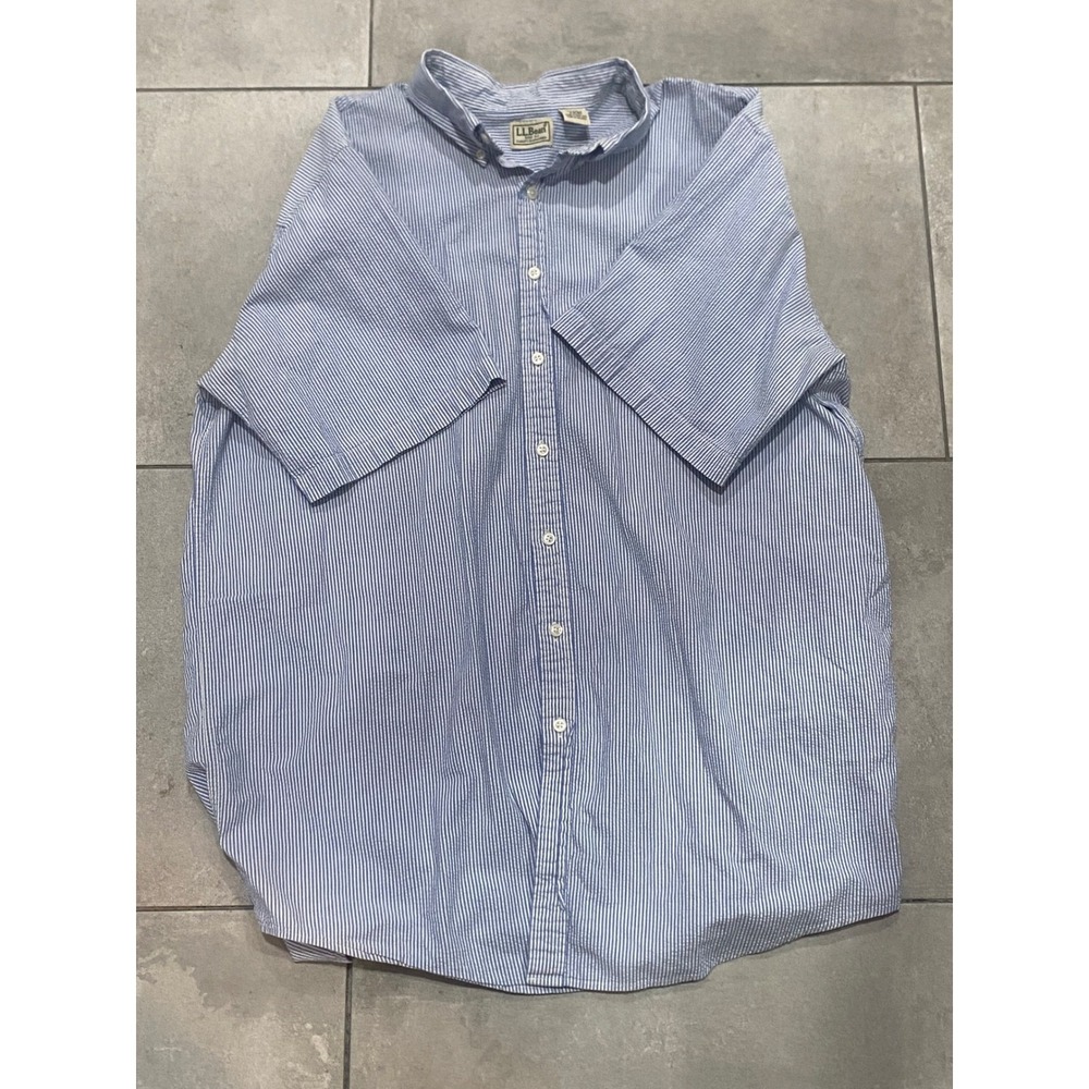 LL Bean Mens XL Tall Blue White Pinstripe Short Sleeve Button Down Shirt Casual